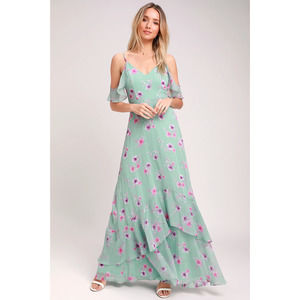 Lulus Maxi Dress XS Mint Green Floral Print Off Shoulder Take You There